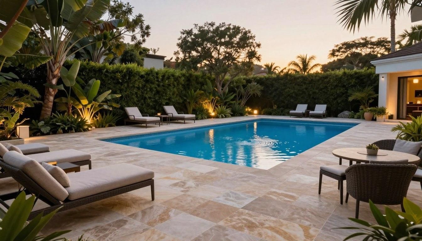Pool area with lounge chairs, table, and hedges; dusk lighting.