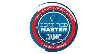 Blue and red circular “Certified Master Pool & Spa Professional” badge with PHTA Hot Tub Alliance text