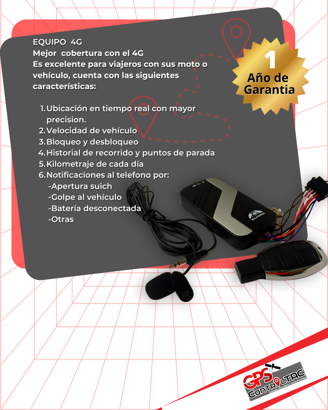 GPS 4G de rastreo en tiempo real para motos y carros. Discreto y fácil de ocultar, este GPS de tamaño medio garantiza la seguridad de tu vehículo. Su diseño en color negro se camufla perfectamente. Obtén tranquilidad y control total sobre la ubicación de tu vehículo con nuestro GPS de rastreo 4G. ¡Protege tu inversión hoy mismo.