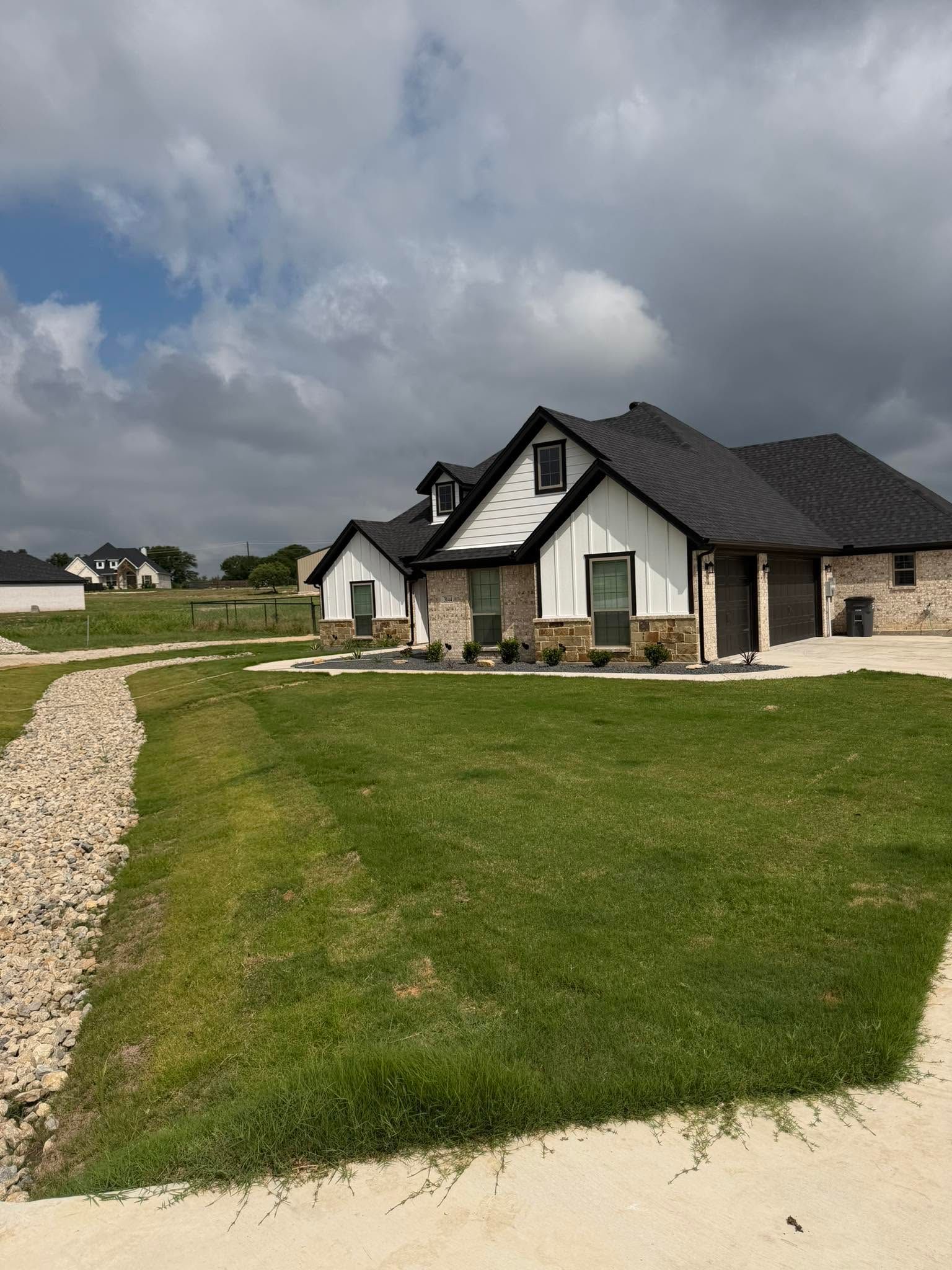 Modern white house with dark roof and stone accents beside a green lawn under cloudy sky