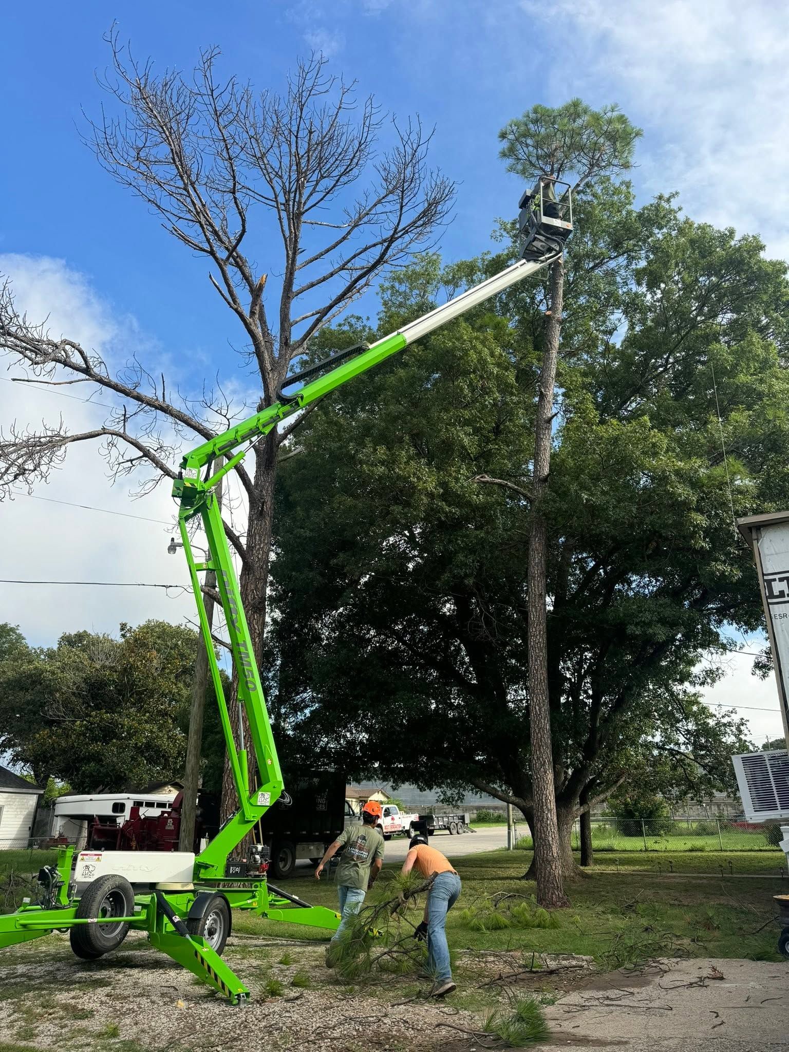 Green boom lift with two workers trimming trees in a park-like area