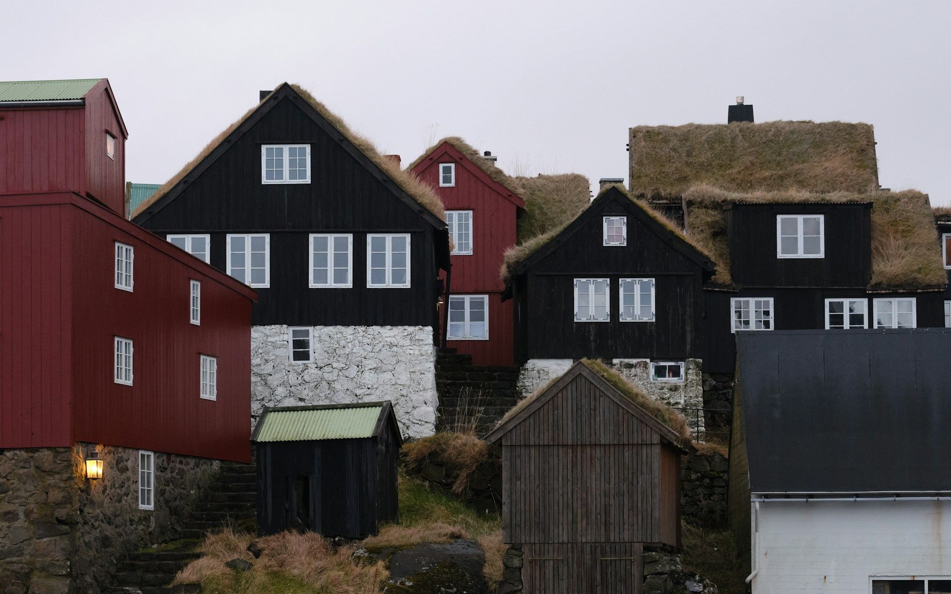 En husrekke med svarte tak og gress på takene