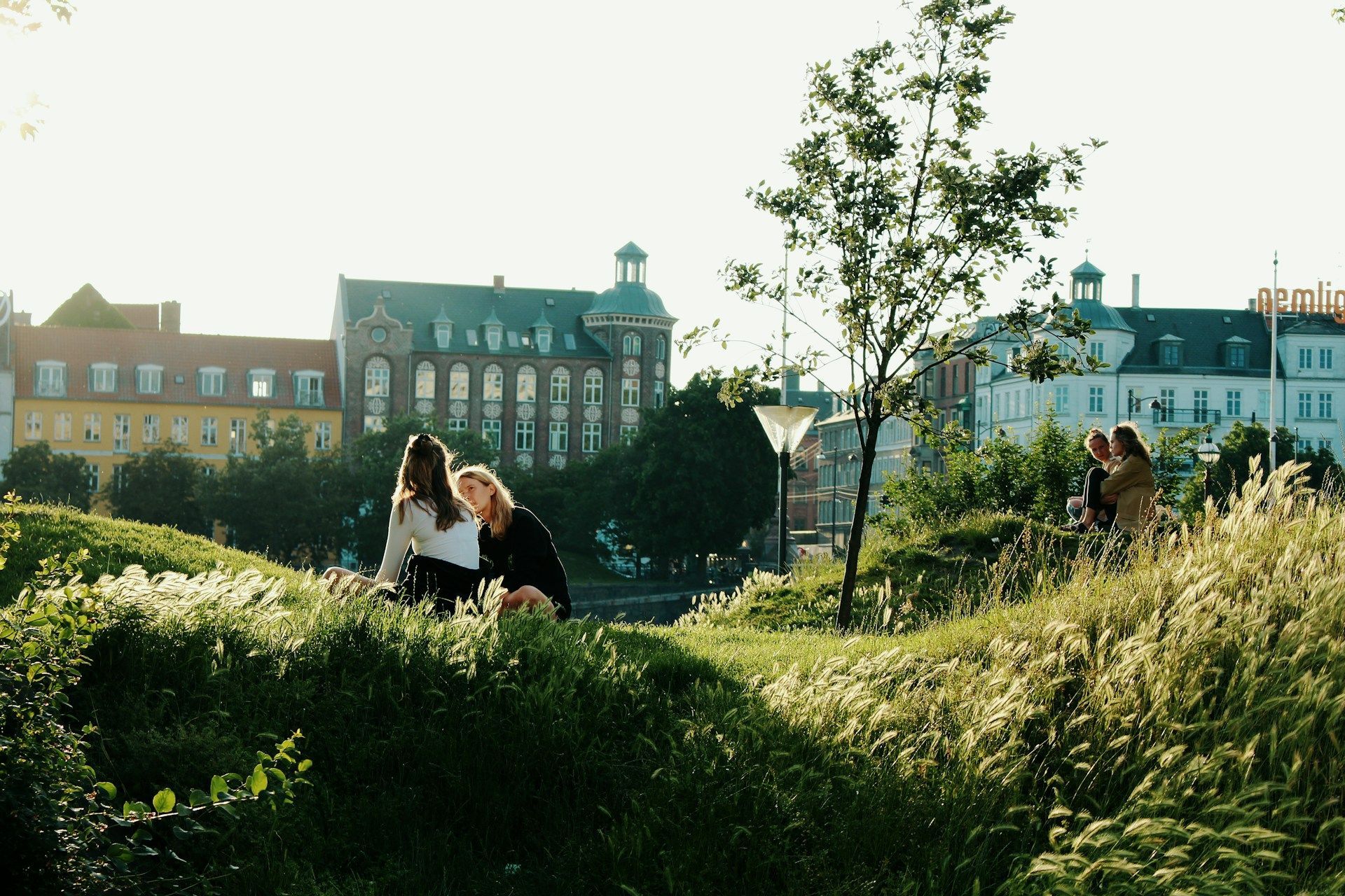 To personer sitter på en høyde i en park med bygninger i bakgrunnen