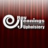 Roy Jennings Upholstery logo on a red striped background