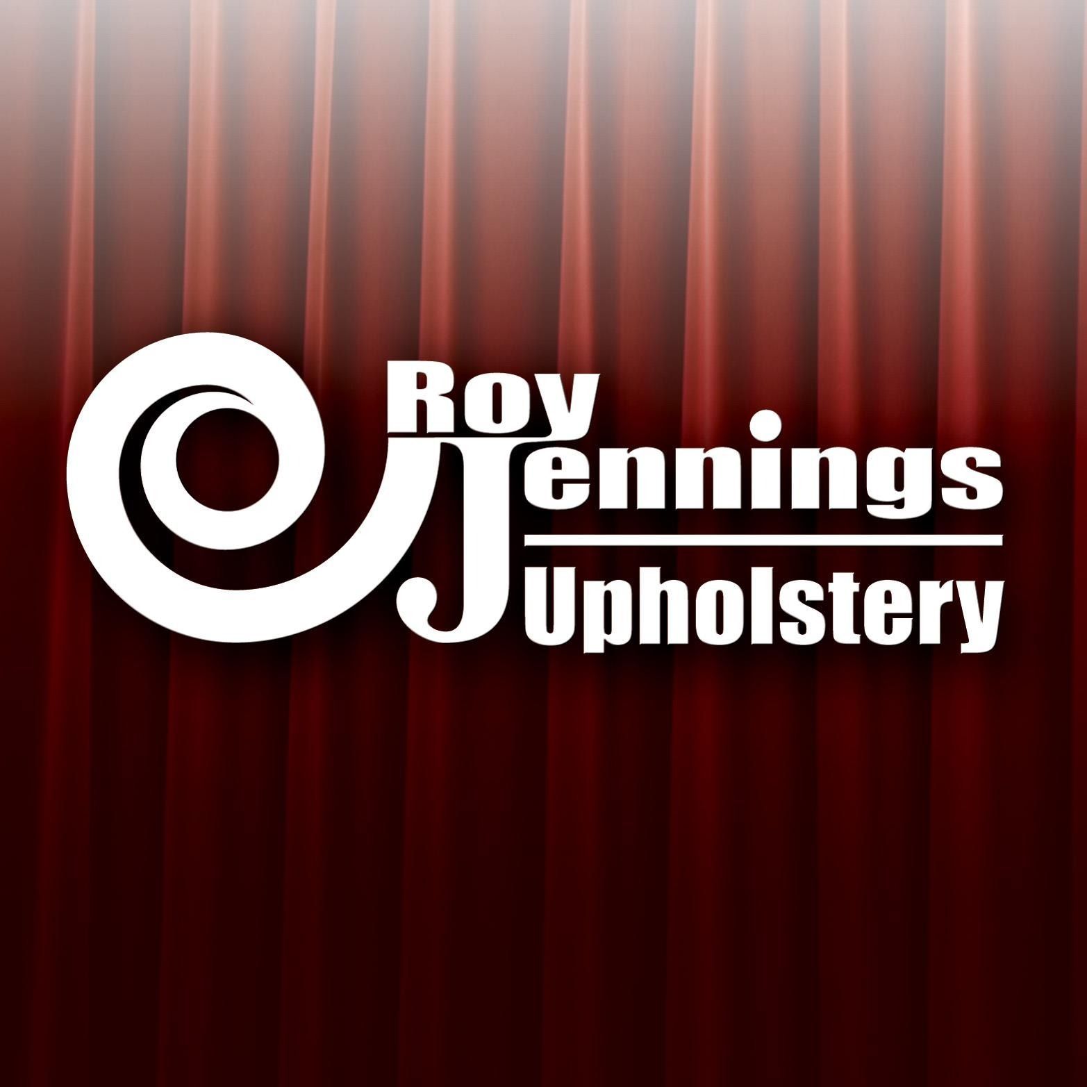 Roy Jennings Upholstery logo on a red striped background
