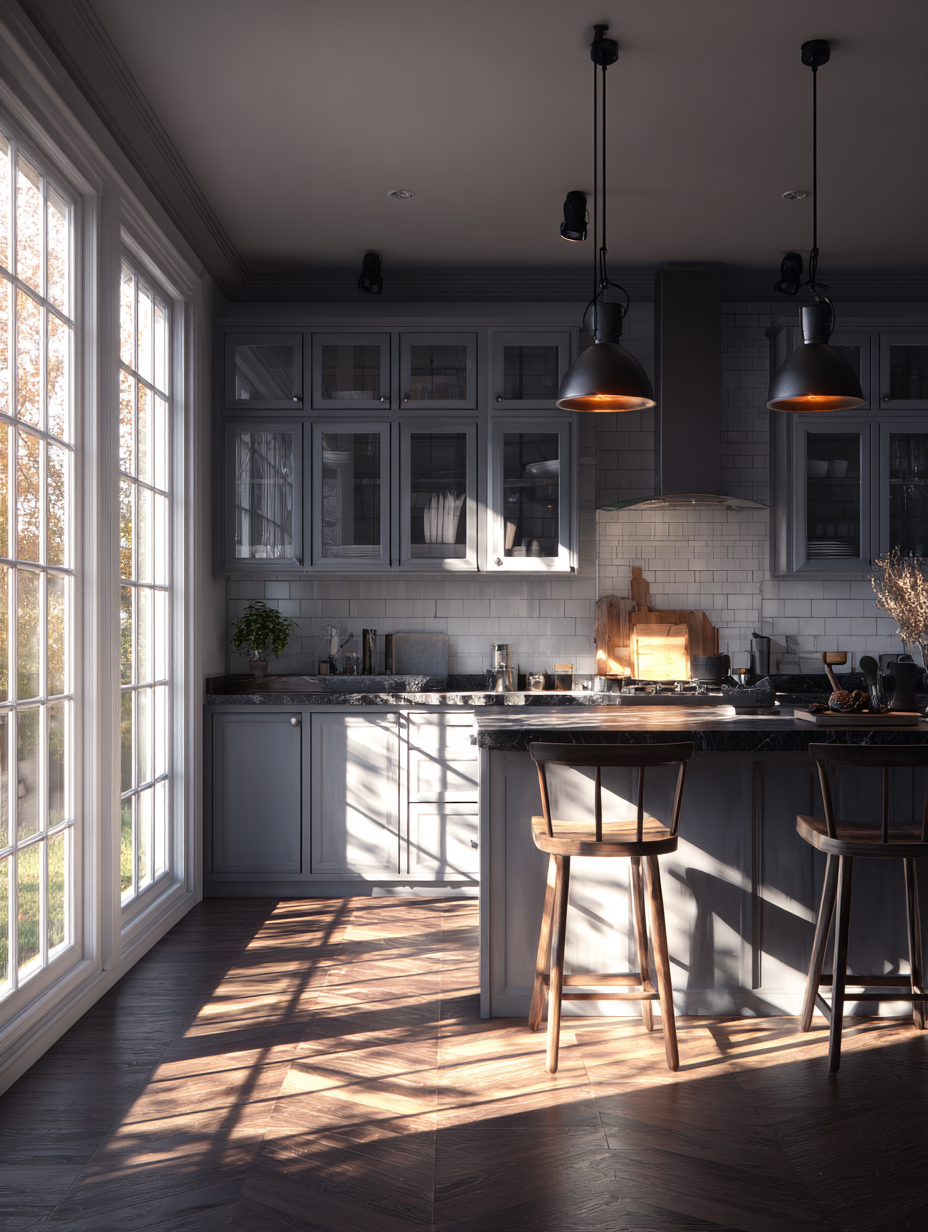 Kitchen with sunlight streaming through large windows, illuminating cabinets, countertops, and two bar stools.
