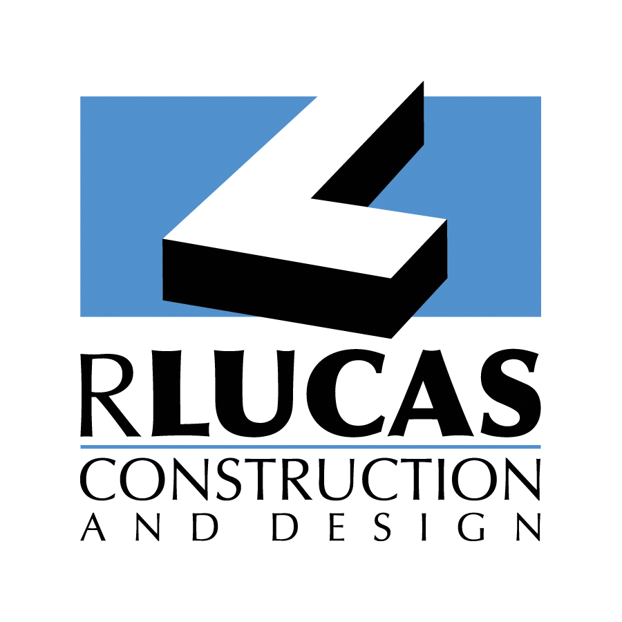 RLUCAS Construction and Design logo with blue background and black-and-white stylized roof icon