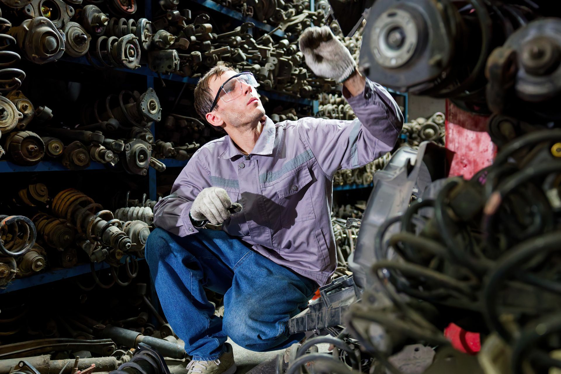 Mechanic inspecting used auto parts at a salvage yard.