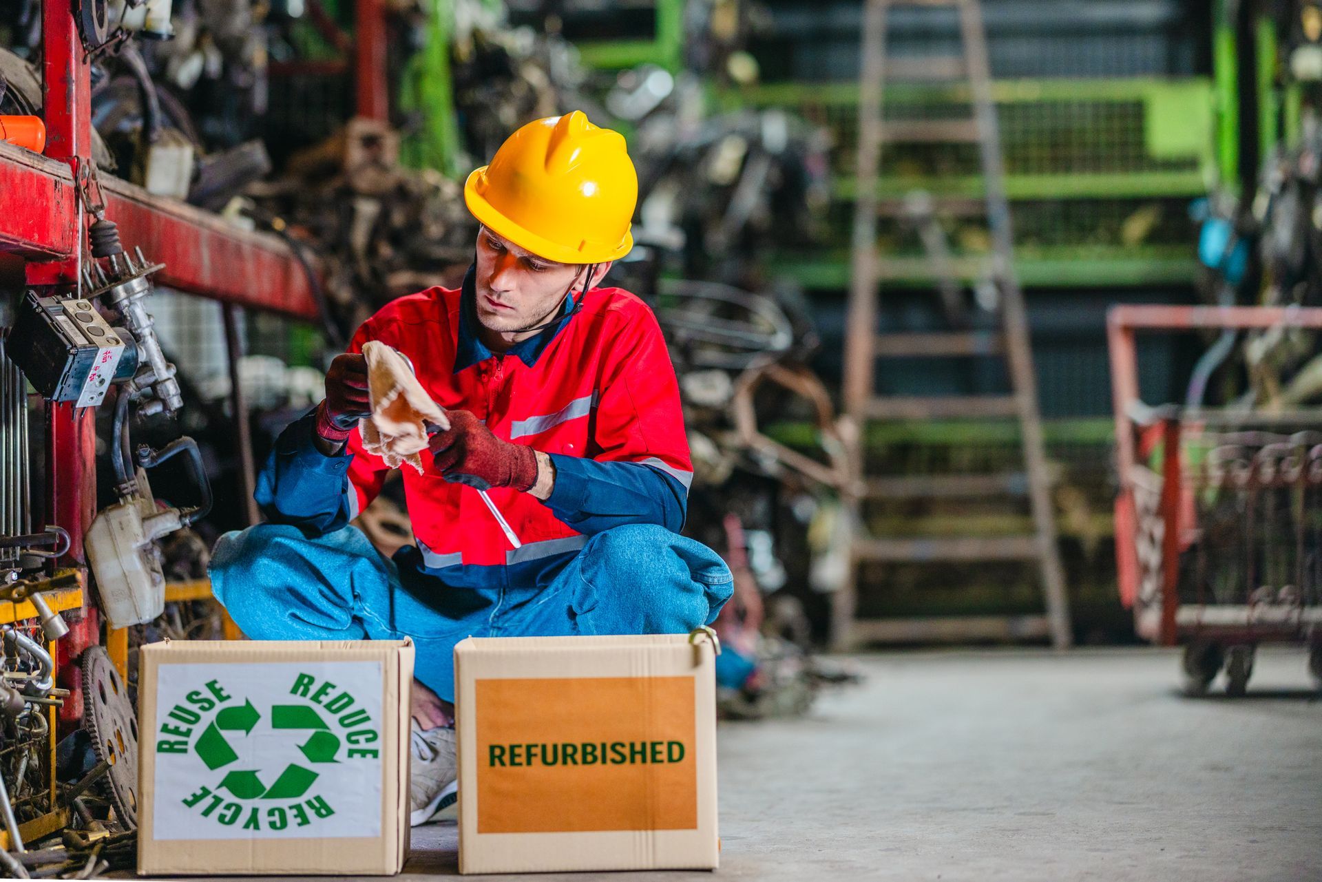 Male technician inspecting used auto parts for refurbishing and recycling in scrapyard Male technician inspecting used auto parts for refurbishing and recycling in scrapyard