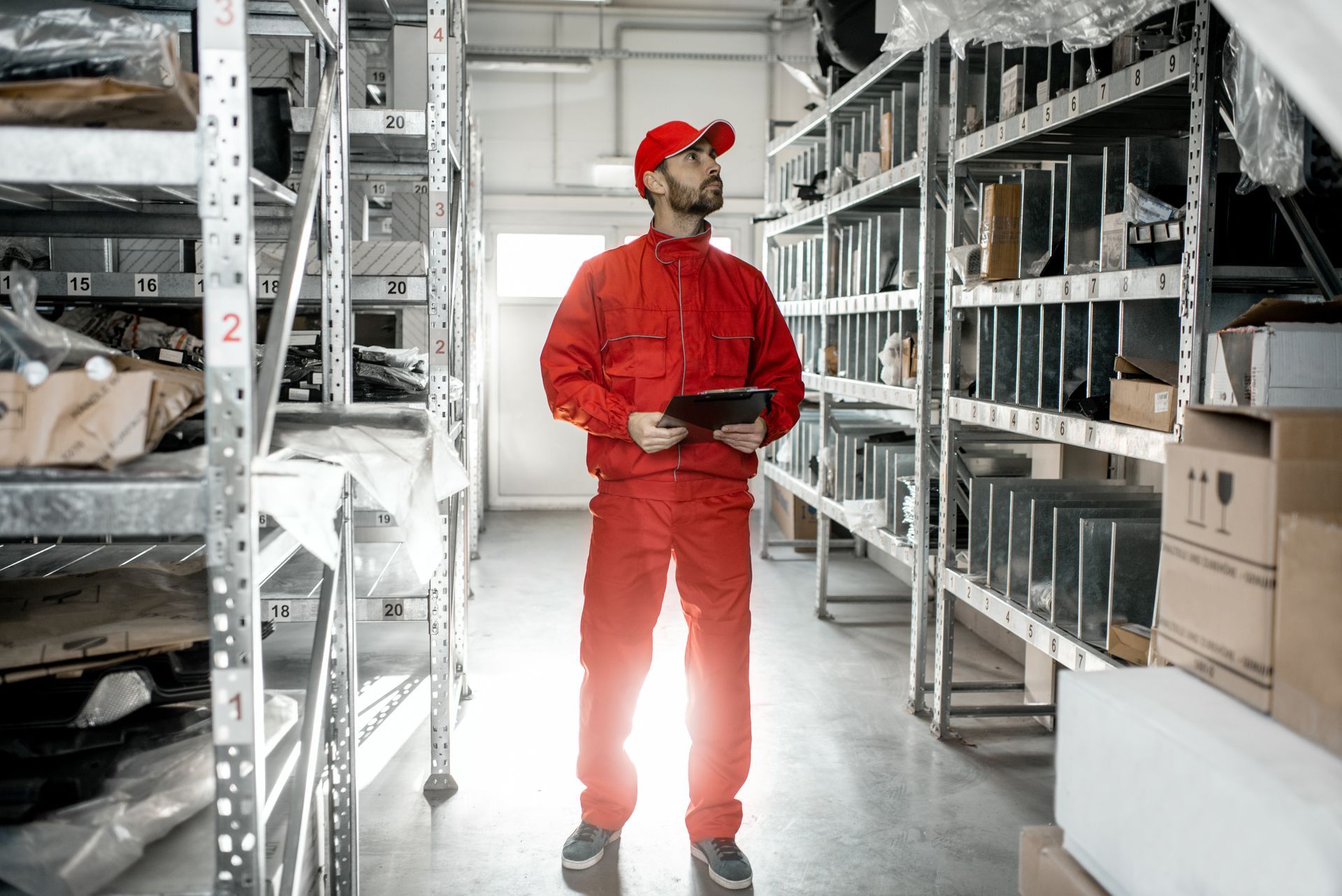 Worker in red uniform holding a tablet while standing between warehouse storage shelves. Worker in red uniform holding a tablet while standing between warehouse storage shelves.