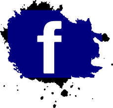The facebook logo is on a blue background with black spots.