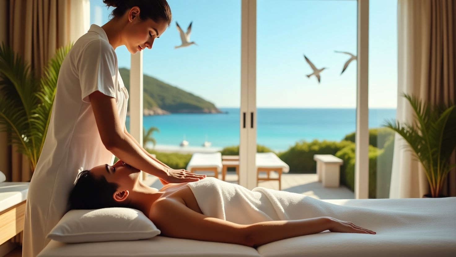 Mulher recebendo massagem facial, olhos fechados. Mãos nas bochechas, toalha branca, luz do sol.