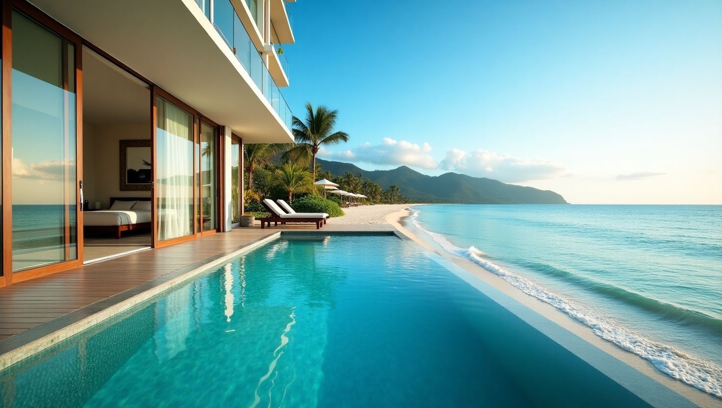 Duas mulheres em uma piscina, tomando champanhe em boias vermelhas sob um céu ensolarado em um resort.