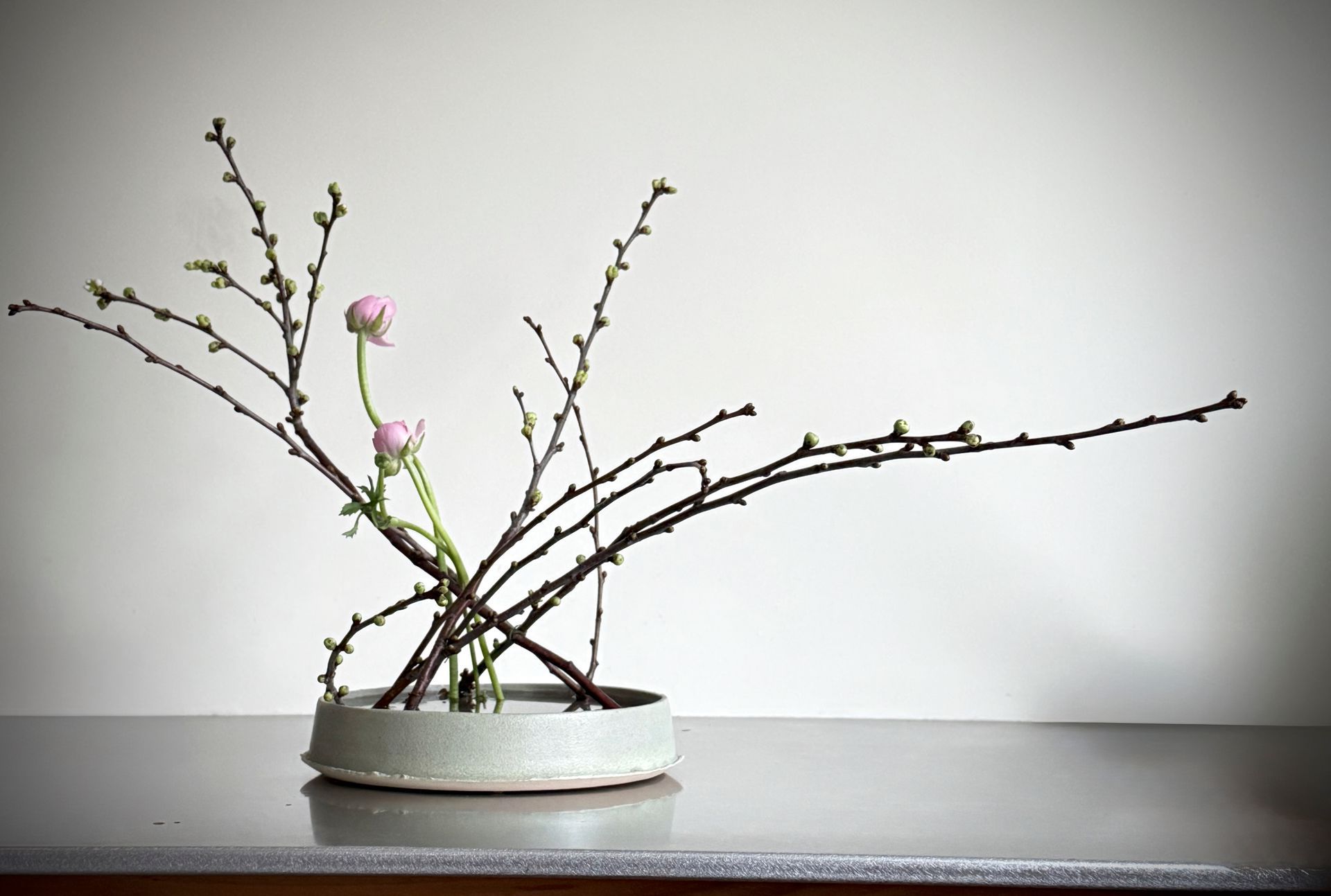 Japanse ikebana-bloemstuk met ontluikende takken en roze bloemen in een ondiepe, grijze keramische vaas op een tafel.