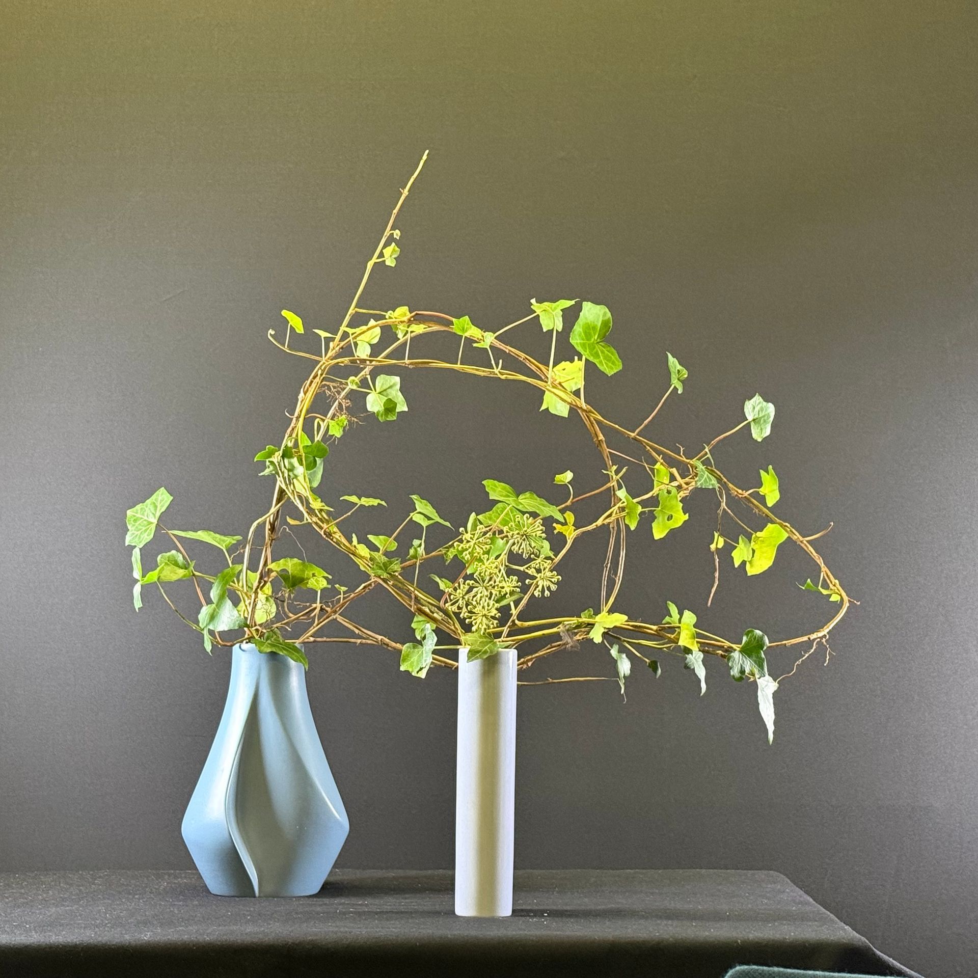 Twee vazen ​​met bloemen op een tafel. Een blauwe, een witte, met ranken en kleine groene blaadjes.