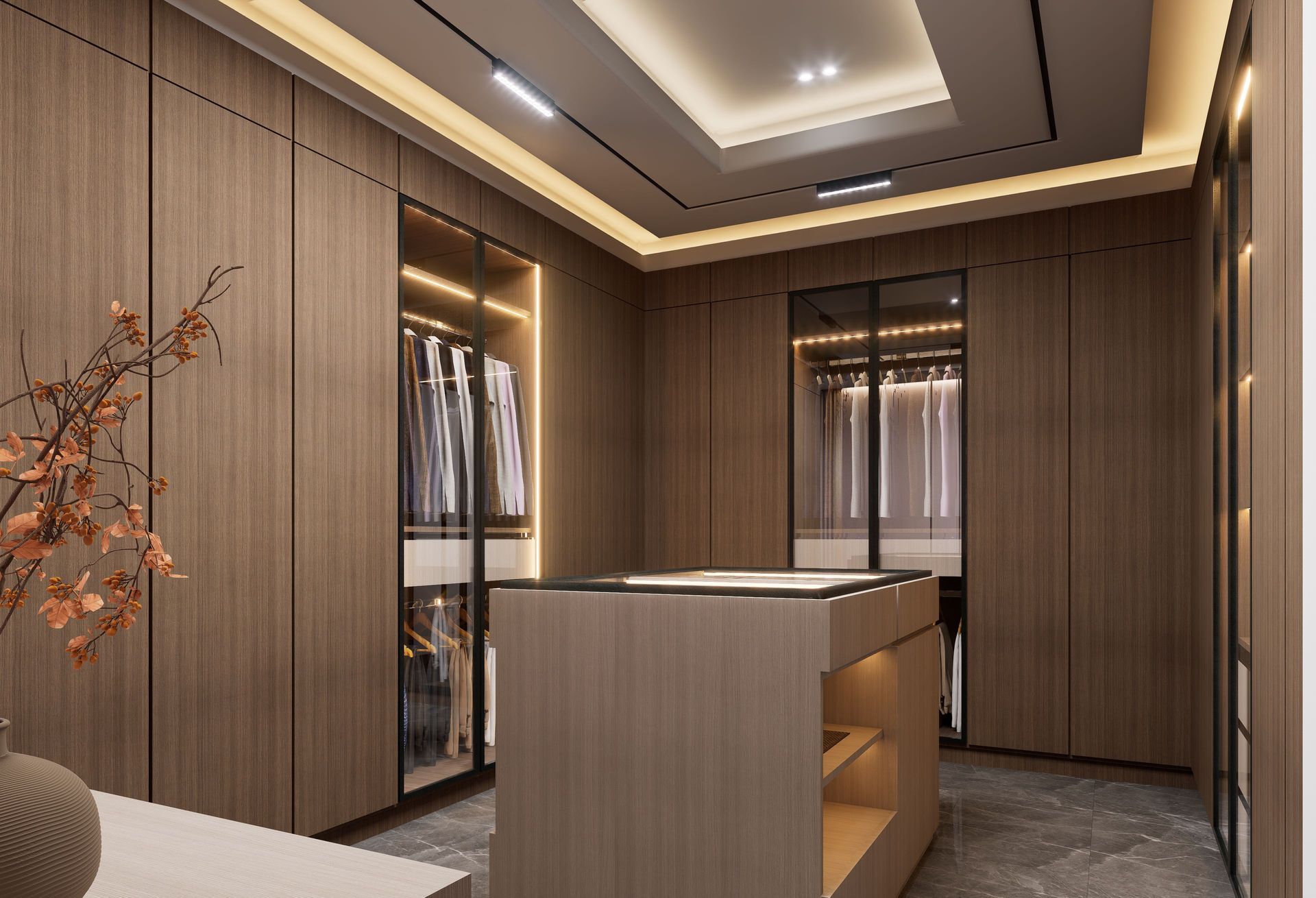 Modern wood-paneled interior with recessed lighting, a central table, and floor-to-ceiling windows.