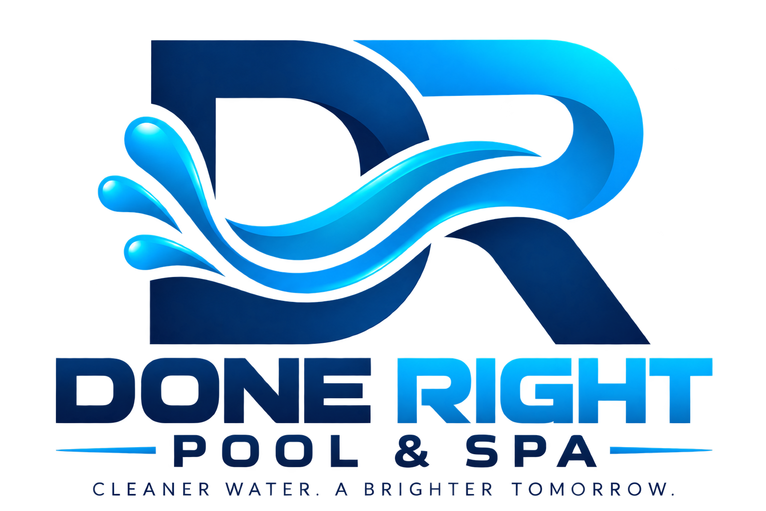 Blue “Done Right Pool & Spa” logo with water swoosh and tagline “Cleaner water. A brighter tomorrow.”