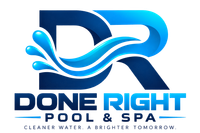 Blue “Done Right Pool & Spa” logo with water swoosh and tagline “Cleaner water. A brighter tomorrow.”