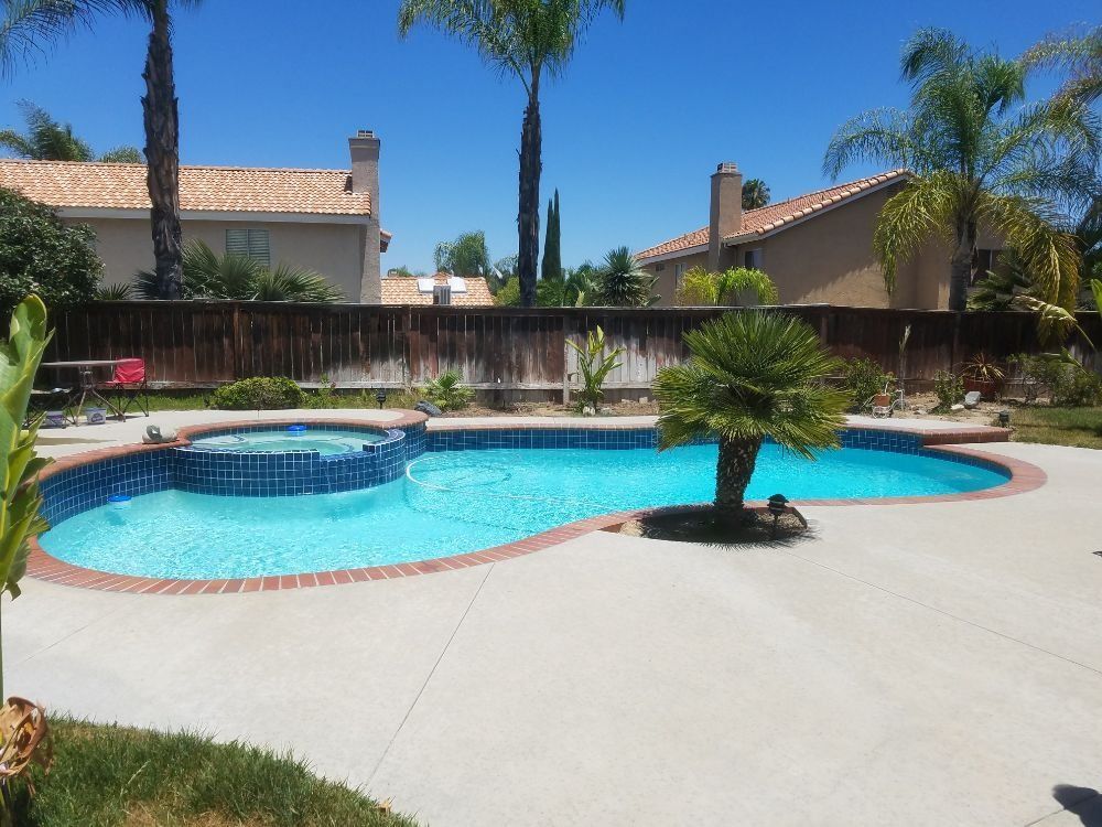 Backyard swimming pool with clear blue water, palm trees, and lounge chairs under a sunny sky