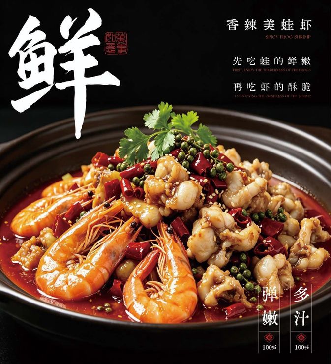 Chinese seafood dish with shrimp and stir-fried vegetables in a dark bowl, garnished with herbs and chilies