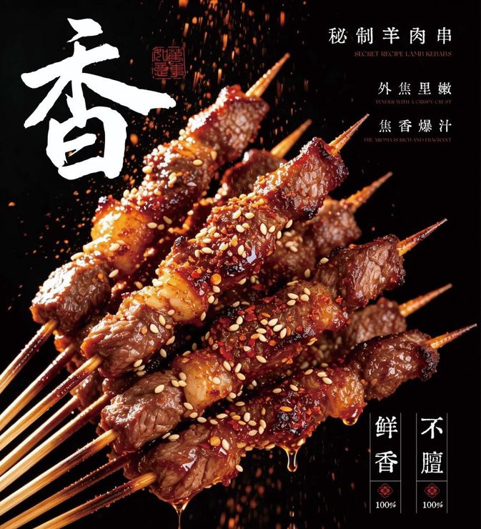 Glazed cumin lamb skewers stacked on a black background with bold Chinese text.