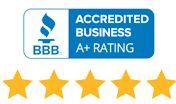 BBB Accredited Business A+ rating badge with five gold stars underneath