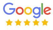 Google logo with five yellow stars underneath on a white background