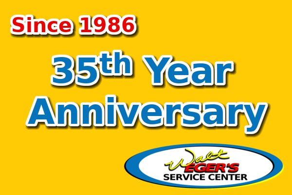 Yellow anniversary banner reading “Since 1986” and “35th Year Anniversary” | Walt Eger's Service Center