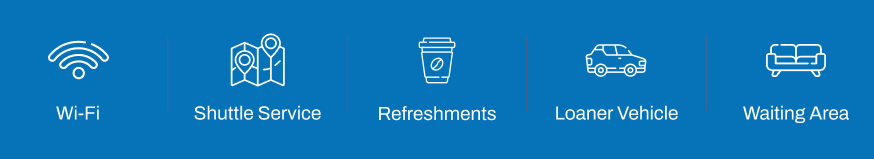 Blue menu bar with white icons and labels for Wi-Fi, gift, drink, car, and bed services | Walt Eger's Service Center