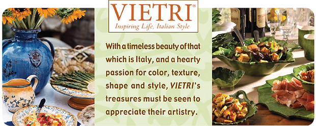 An advertisement for vietri shows a table with plates of food on it