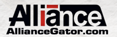 A black and white logo for alliance alliancegator.com