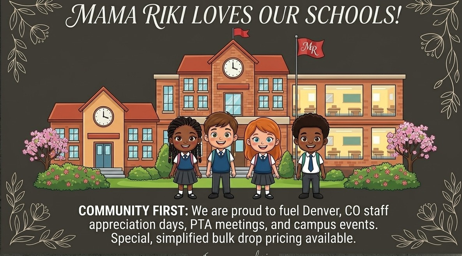 School fundraising flyer with cartoon children and a school building, reading “Mama Riki Loves Our Schools!”
