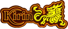 Kirin logo in gold with a stylized dragon on a dark brown background