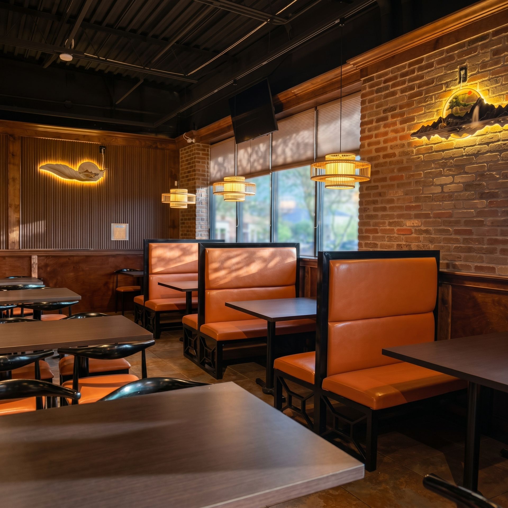 Cozy brick-walled restaurant booth seating with wood tables and neon light accents