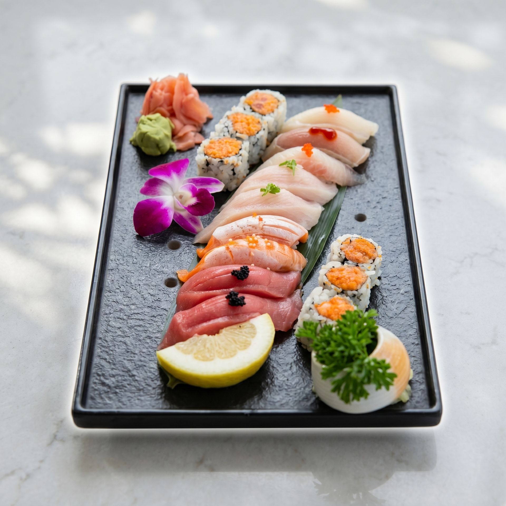 Assorted sushi and sashimi platter on a black rectangular tray with wasabi, ginger, lemon, and garnish