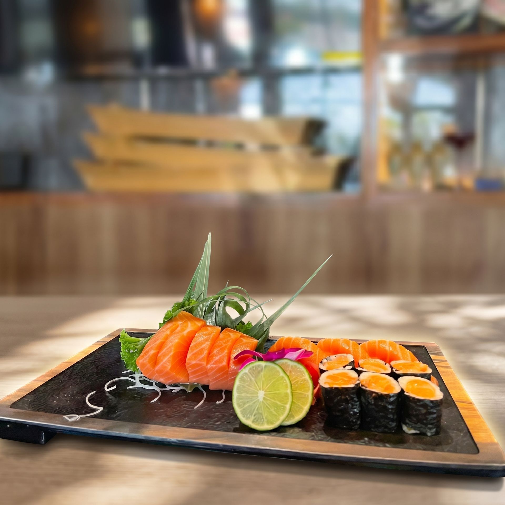 Sushi platter with salmon nigiri, maki rolls, lime, and garnish on a black plate in a restaurant