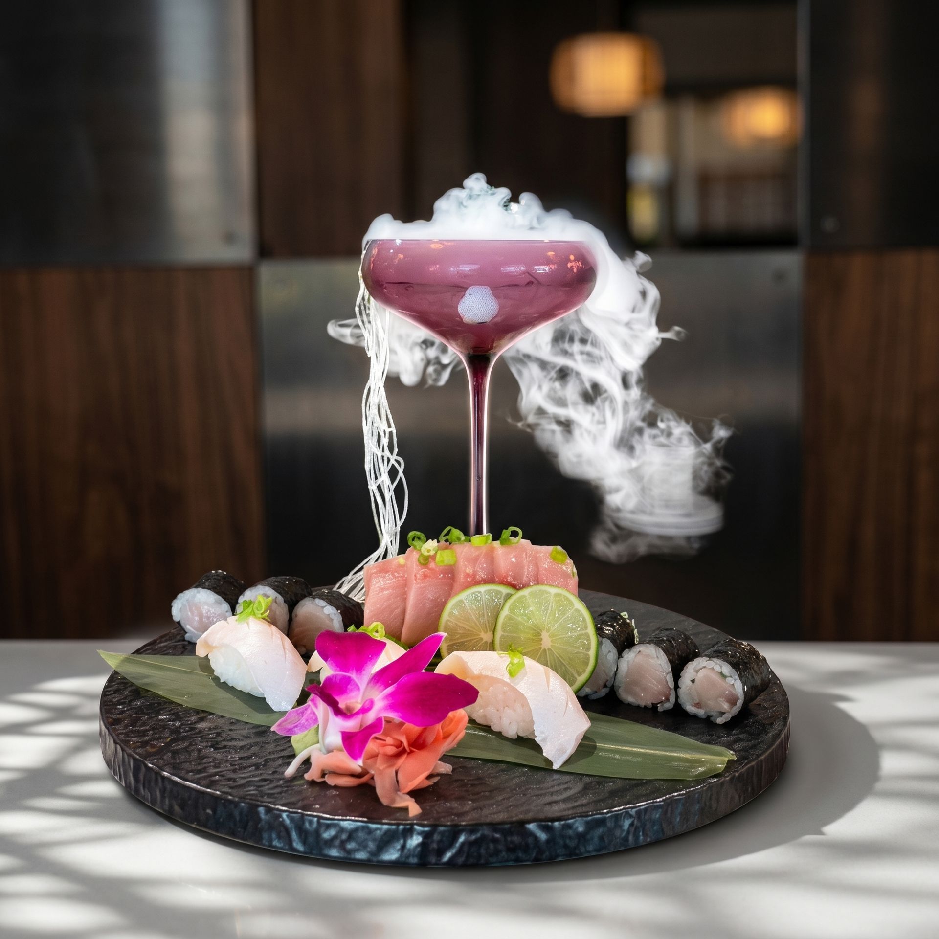 Purple smoked cocktail in a coupe glass on a black tray with colorful garnishes and a flower centerpiece