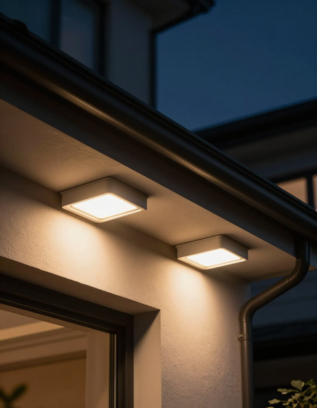 Close-up of permanently installed warm-white lighting fixtures under a home's roofline eave at night.