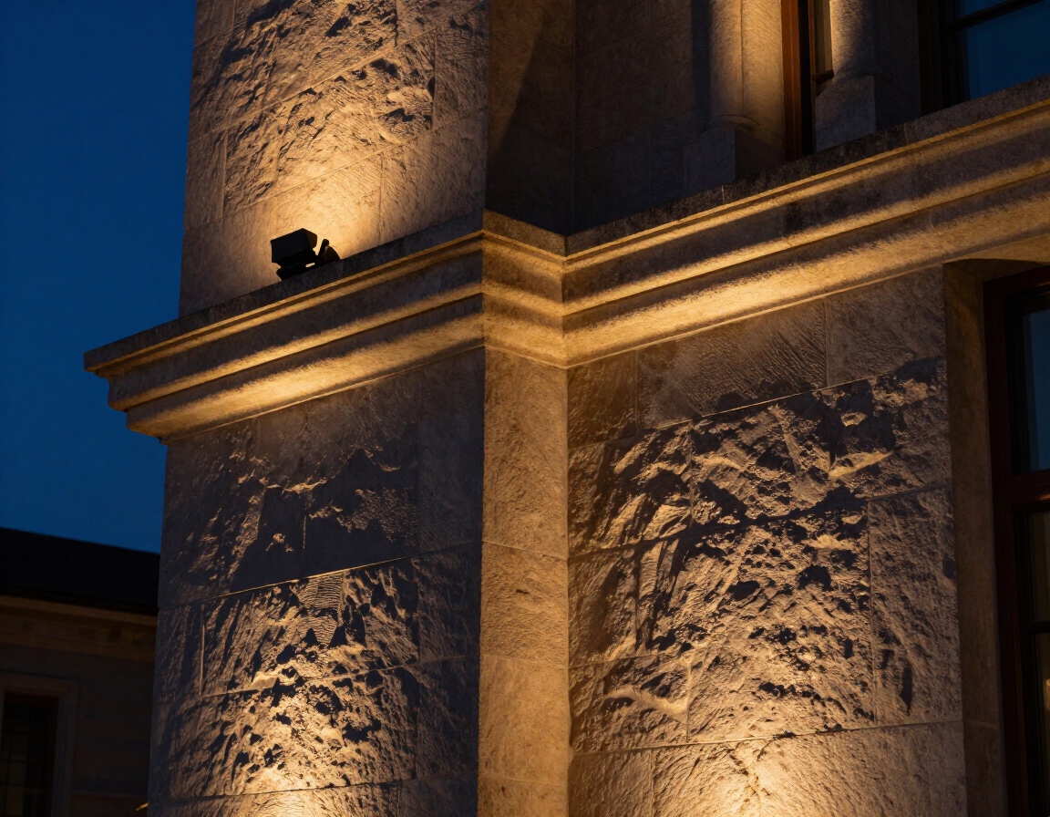 Architectural trim lighting on stone facade
