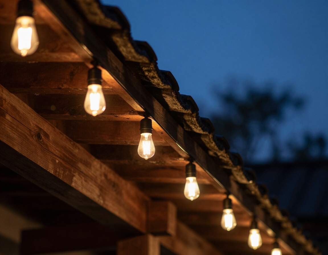 String lights along a roofline