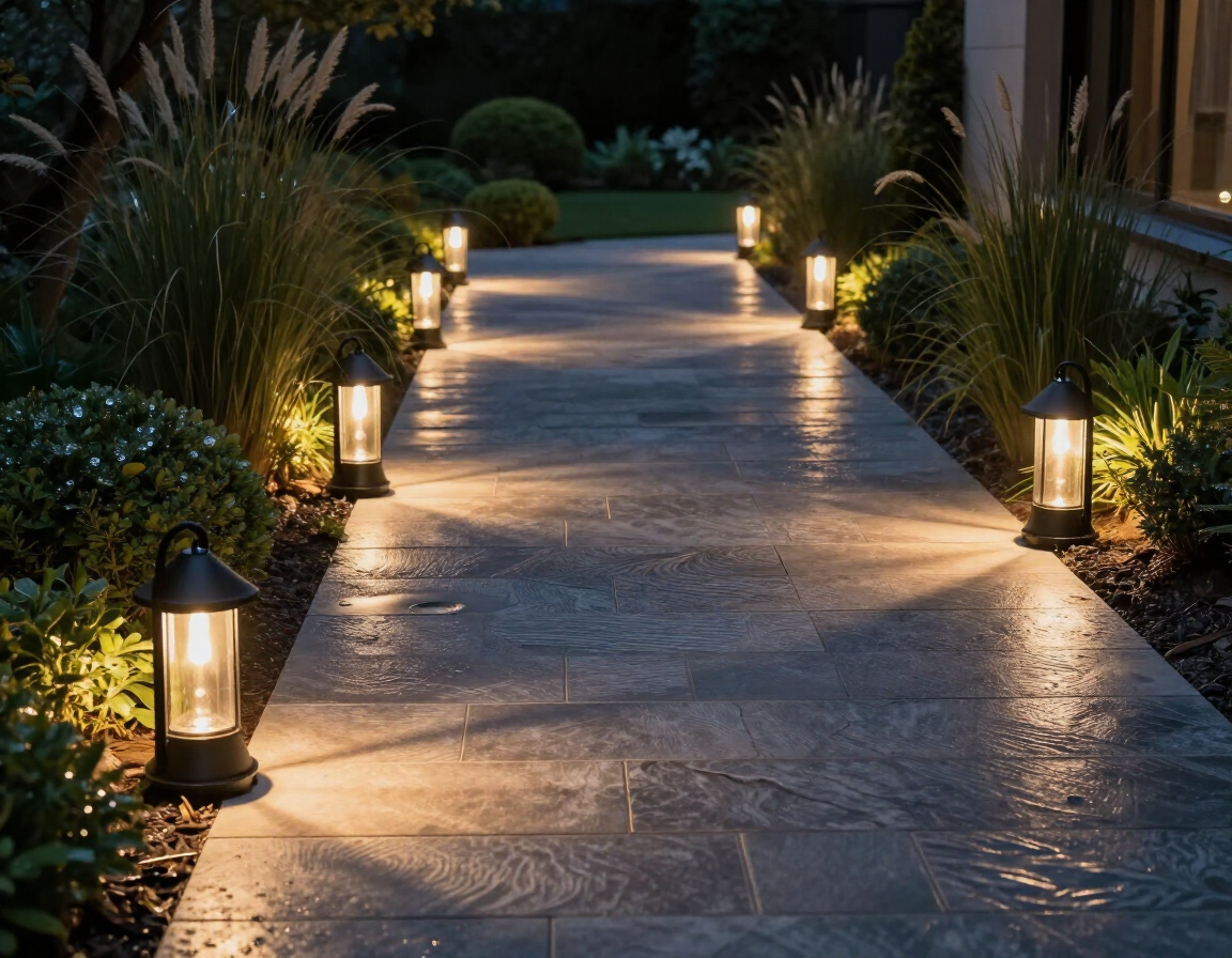Lit patio and walkway at night
