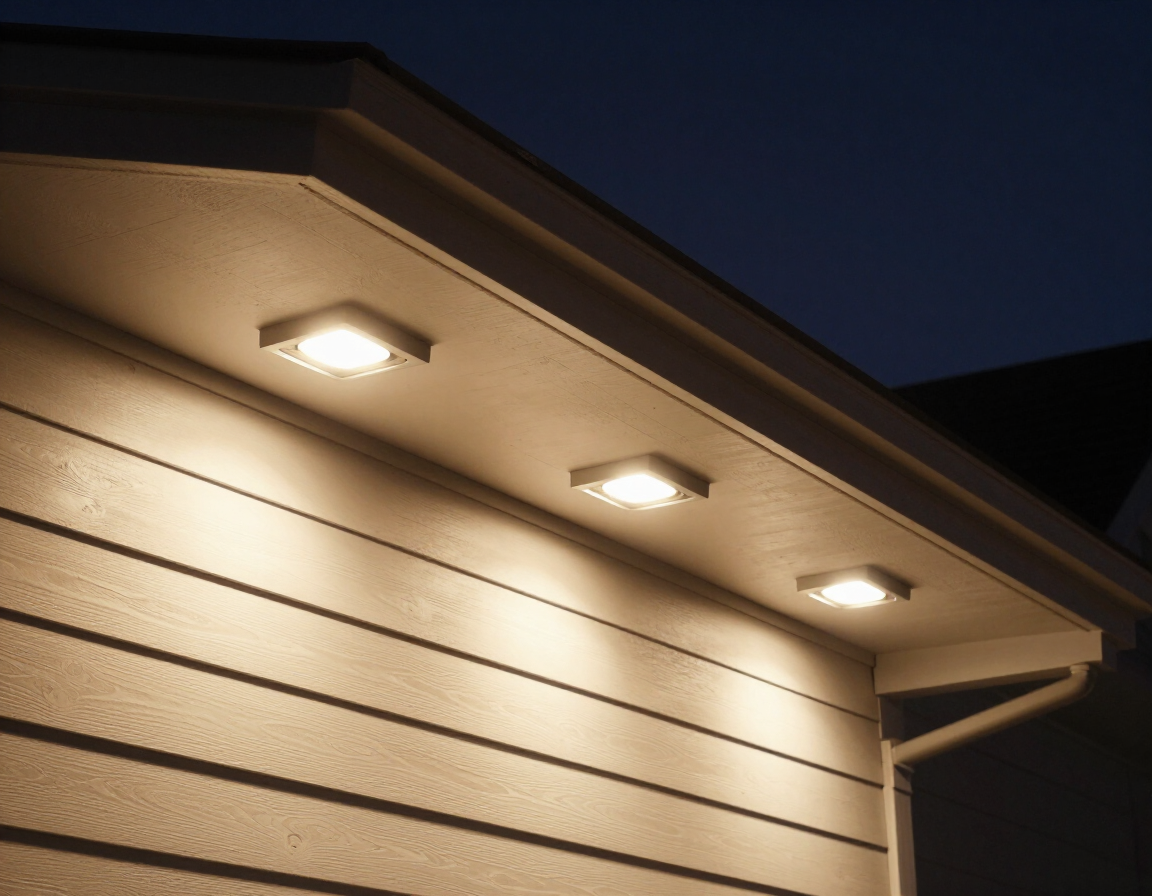 Permanent soffit lighting glowing at night