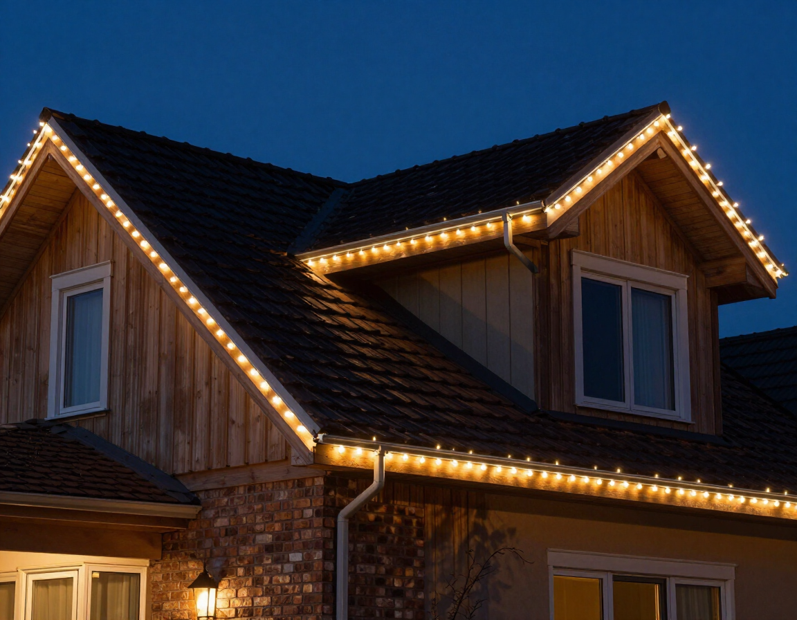 Christmas roofline lighting at night