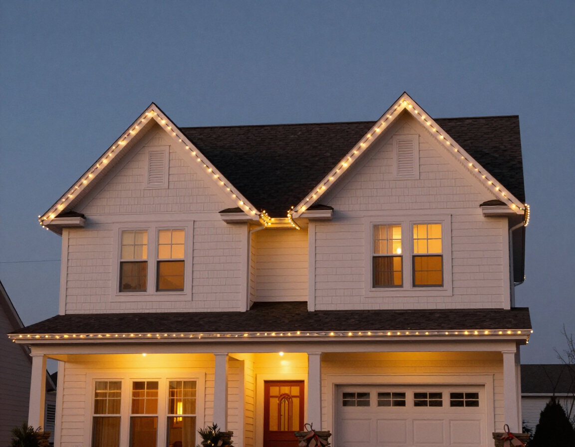 Custom color Christmas lights on a home roofline at dusk