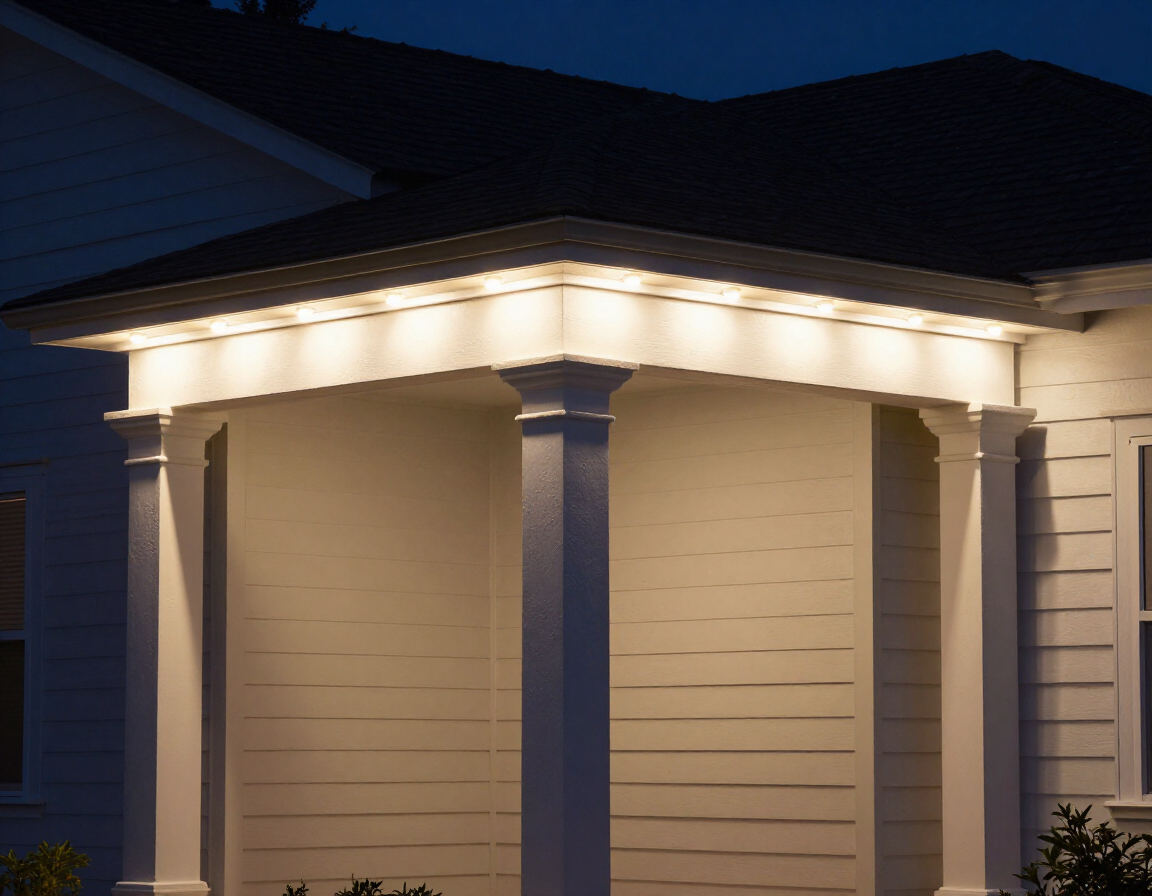 Warm-white permanent lighting trim on a home at night
