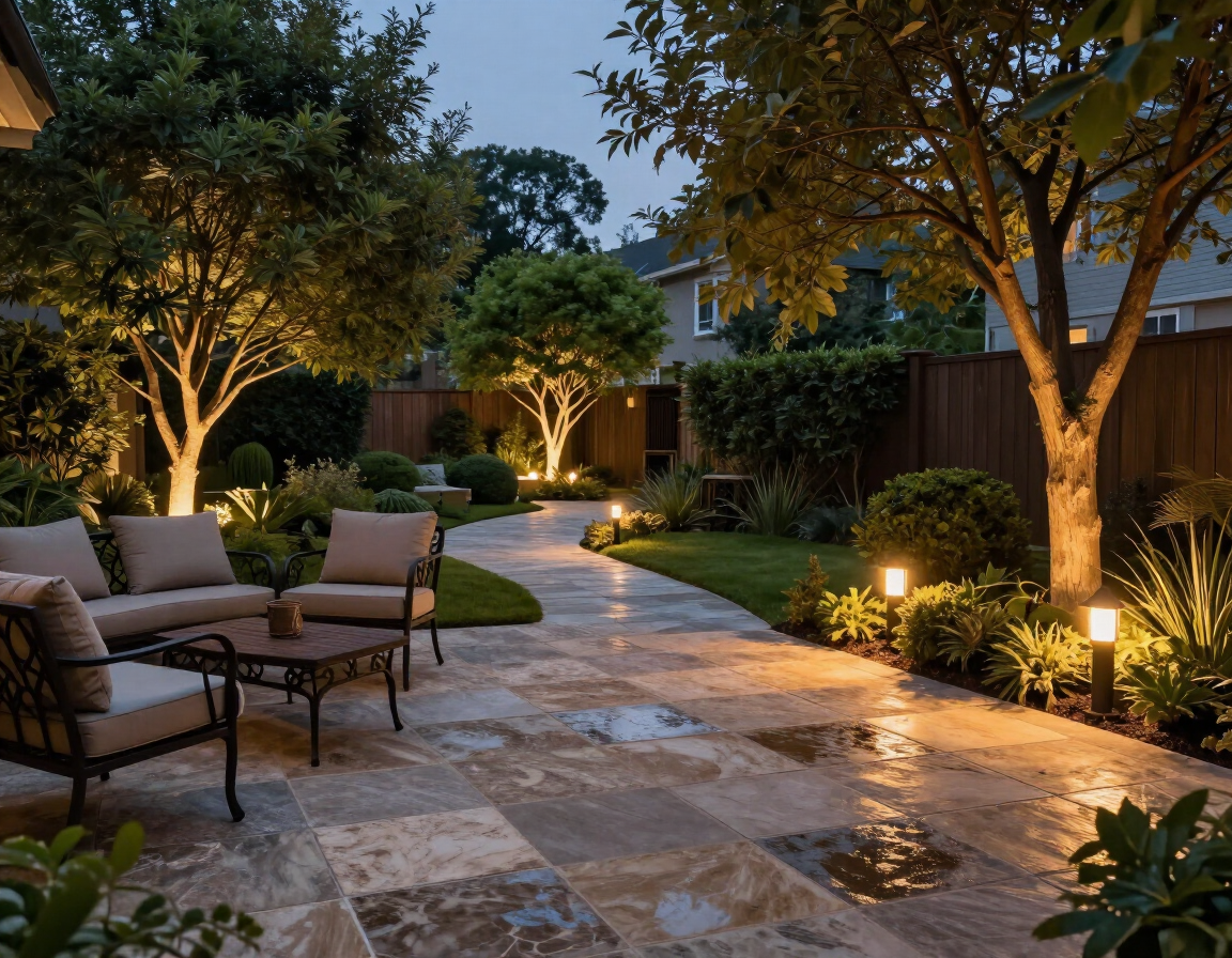 Backyard patio and landscape uplighting at dusk