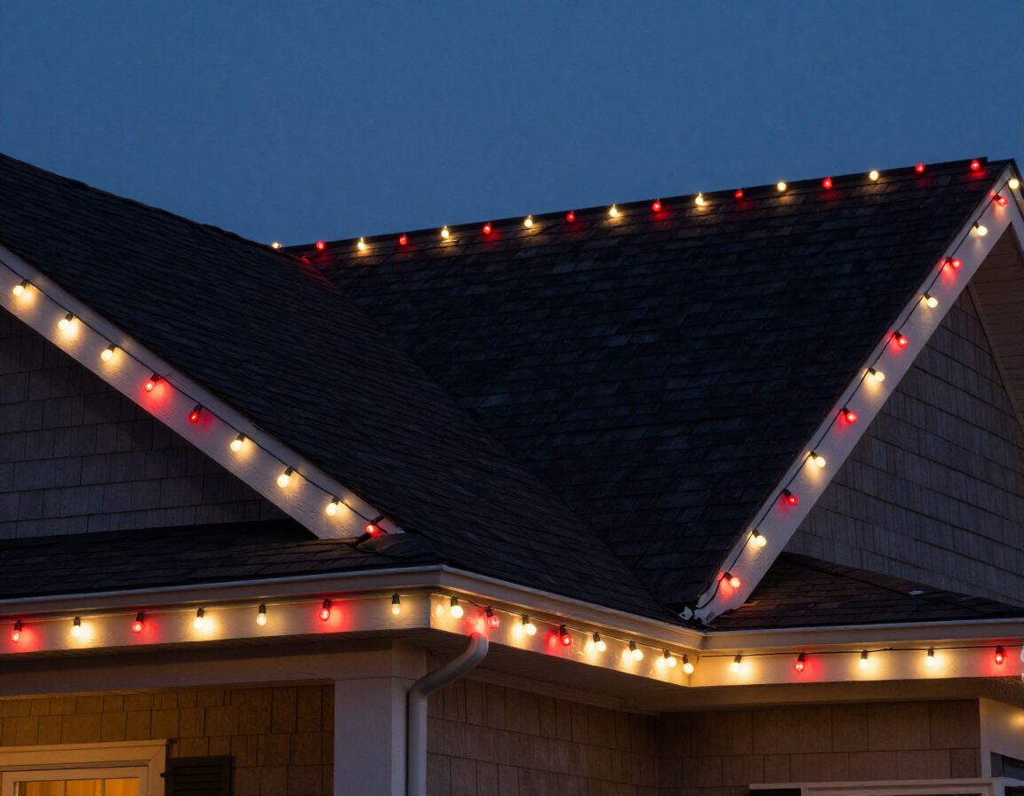 Rooflines wrapped in warm white and red Christmas lights at night near Monroe, NC