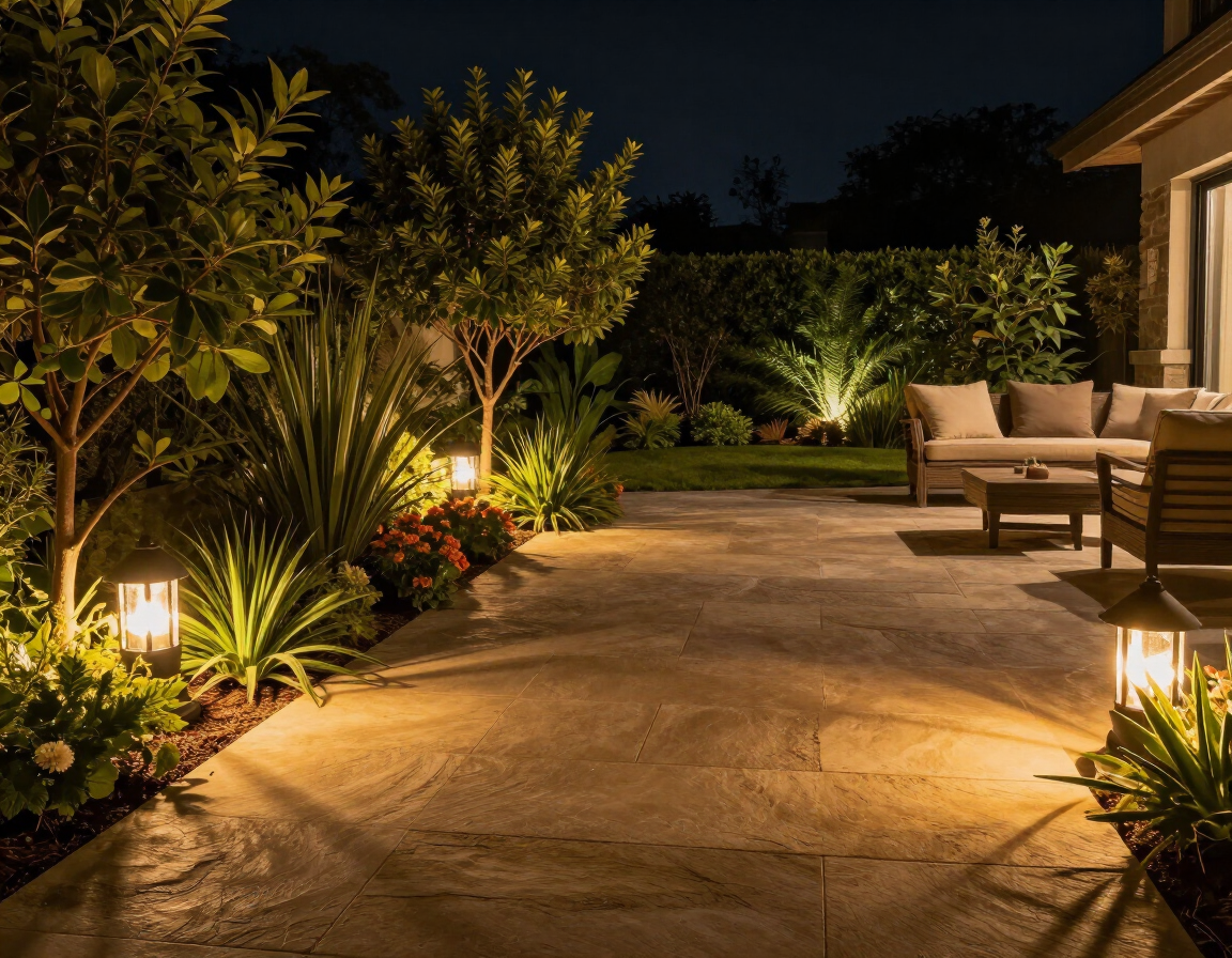Backyard patio and landscaping lit with warm accent lighting at night near Monroe, NC