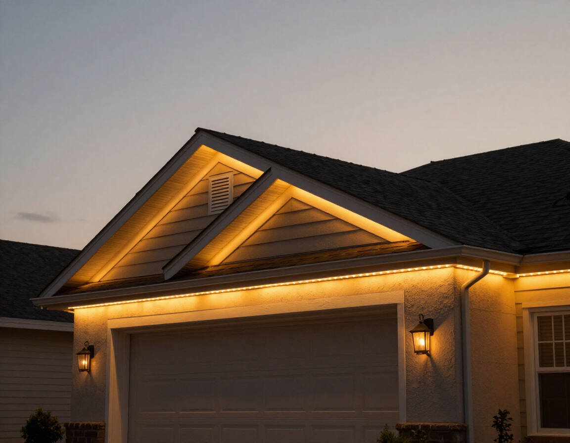 Home eaves lit with warm permanent LED lighting at dusk near Monroe, NC