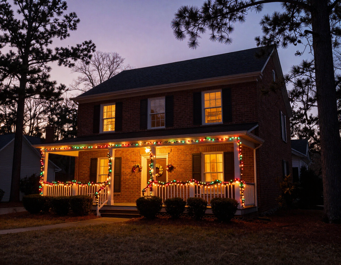 Christmas lighting installation on a home in Monroe, NC